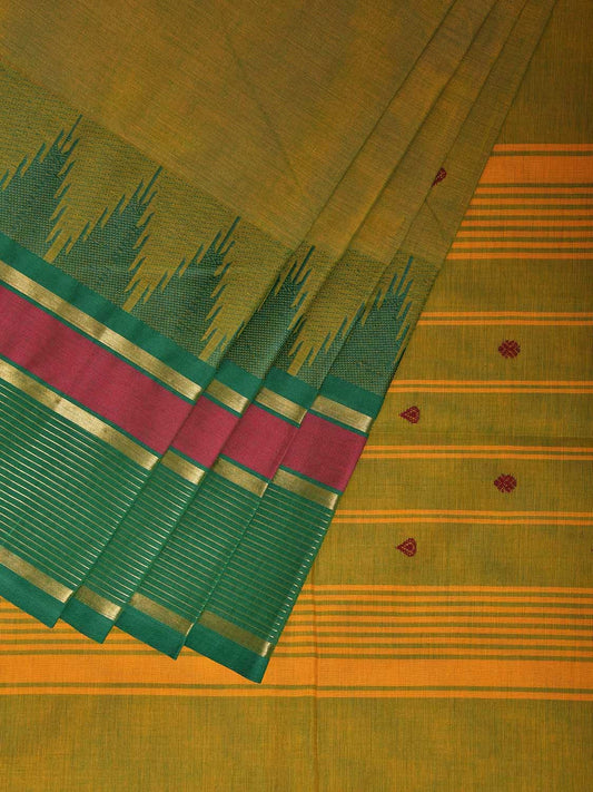 Green Kanchipuram Cotton Saree with Ganga-Jamuna Temple Border Design k0811