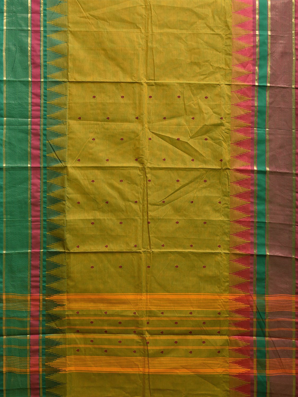 Green Kanchipuram Cotton Saree with Ganga-Jamuna Temple Border Design k0811