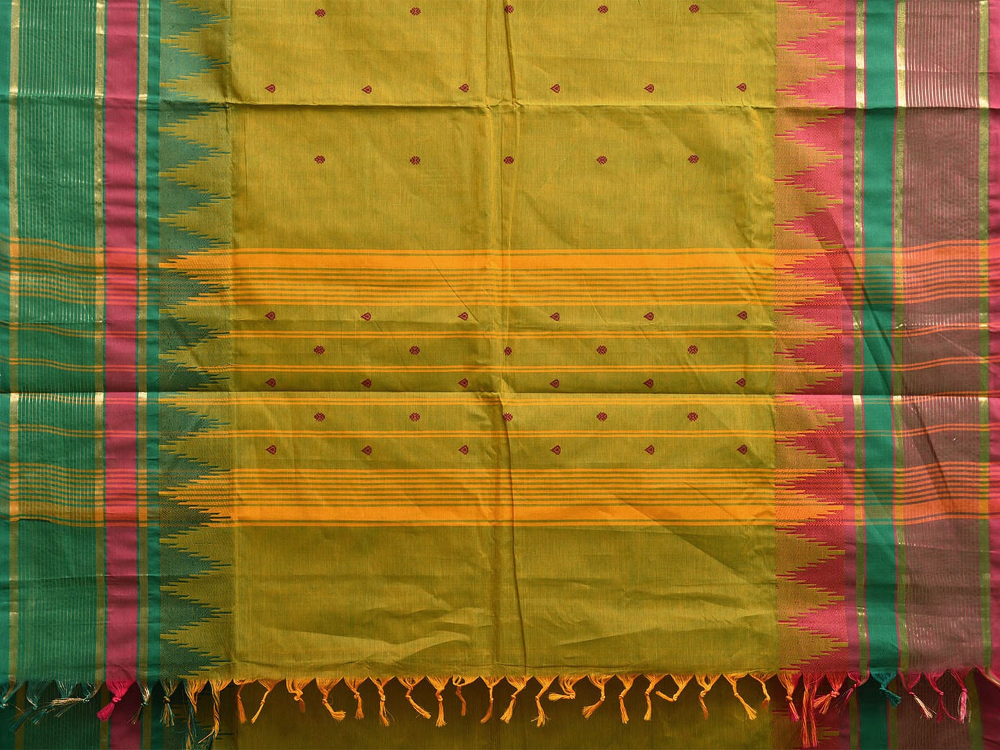 Green Kanchipuram Cotton Saree with Ganga-Jamuna Temple Border Design k0811