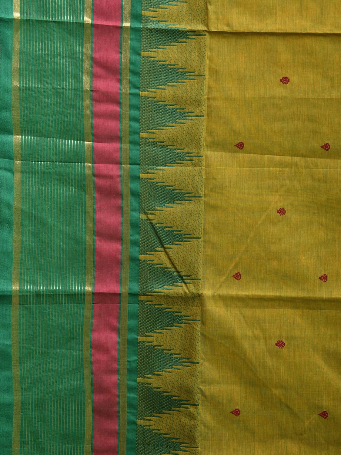 Green Kanchipuram Cotton Saree with Ganga-Jamuna Temple Border Design k0811