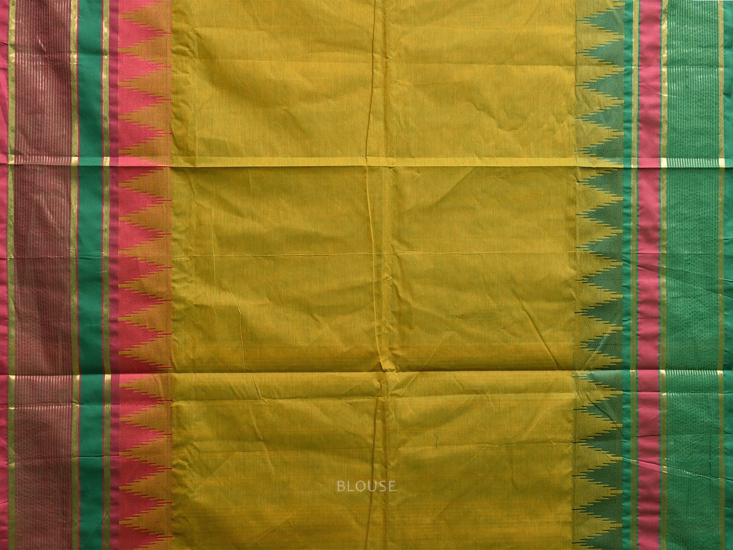 Green Kanchipuram Cotton Saree with Ganga-Jamuna Temple Border Design k0811