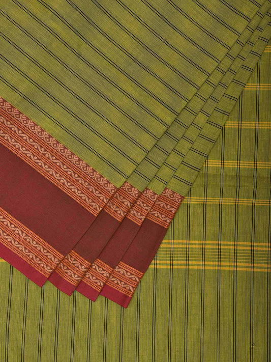 Green Kanchipuram Cotton Saree with Strips and Ganga-Jamuna Border Design k0783