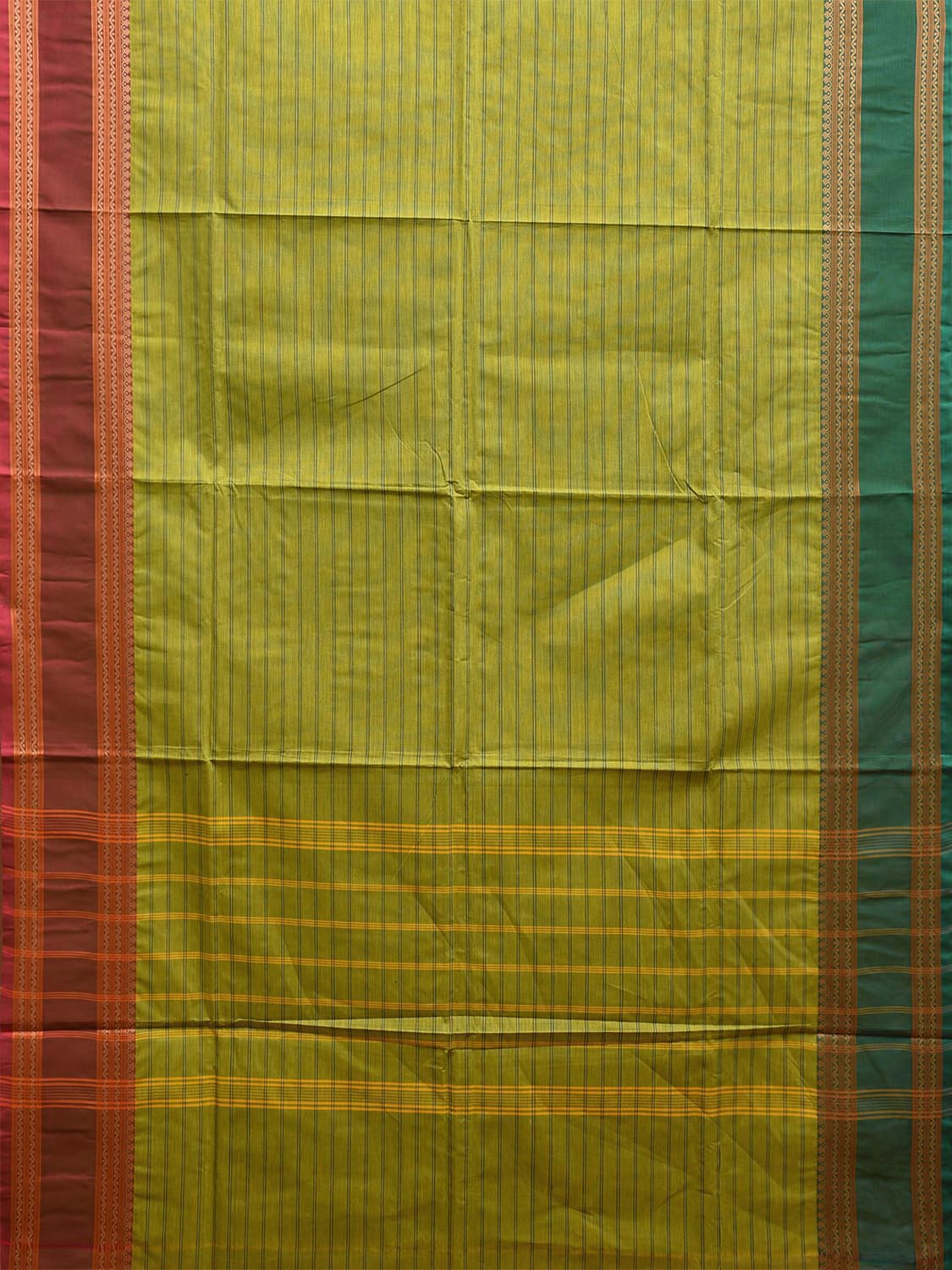 Green Kanchipuram Cotton Saree with Strips and Ganga-Jamuna Border Design k0783