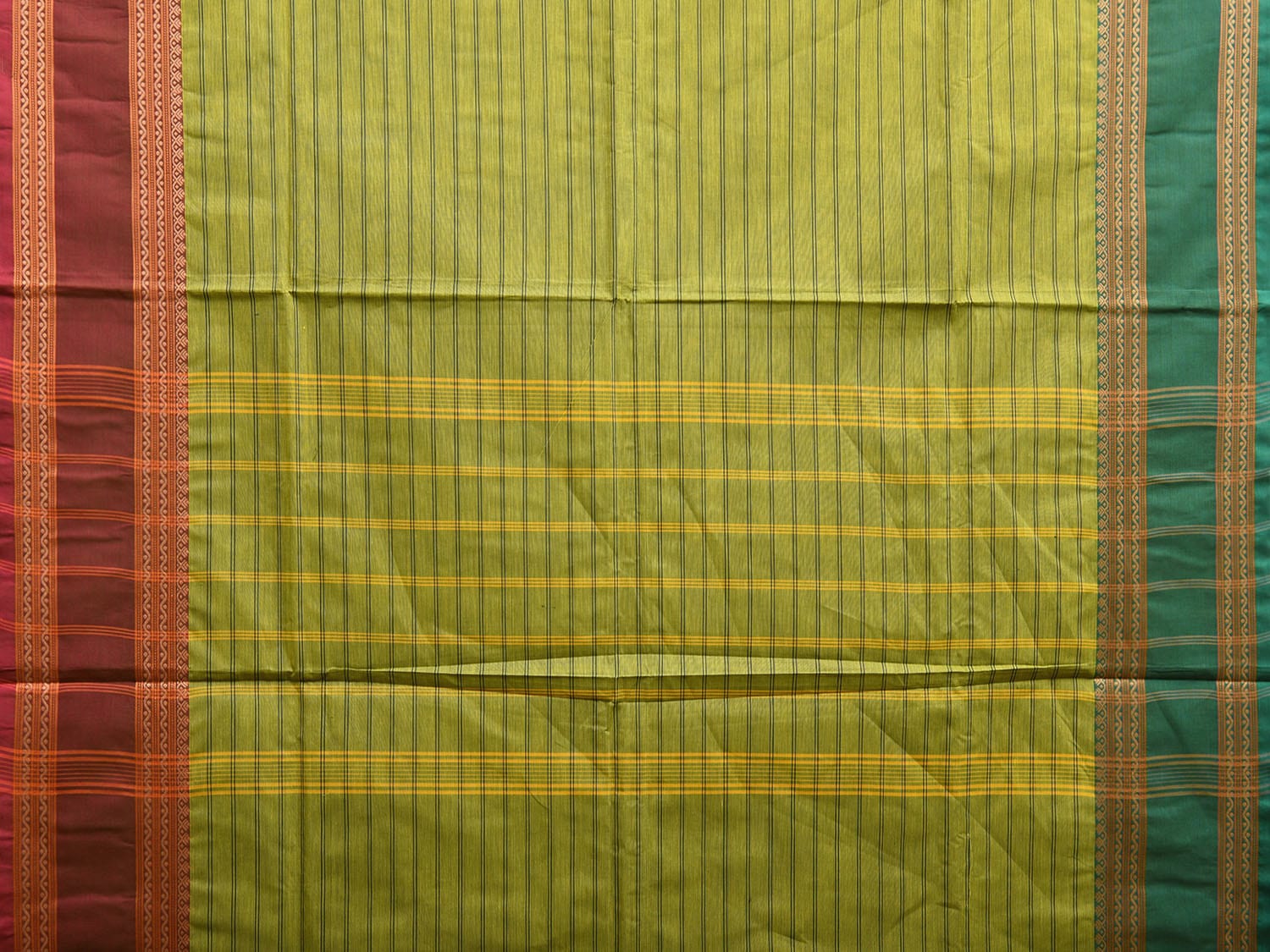 Green Kanchipuram Cotton Saree with Strips and Ganga-Jamuna Border Design k0783