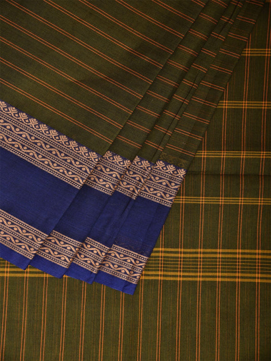 Green Kanchipuram Cotton Saree with Strips and Ganga-Jamuna Border Design Kalamkari Blouse k0830