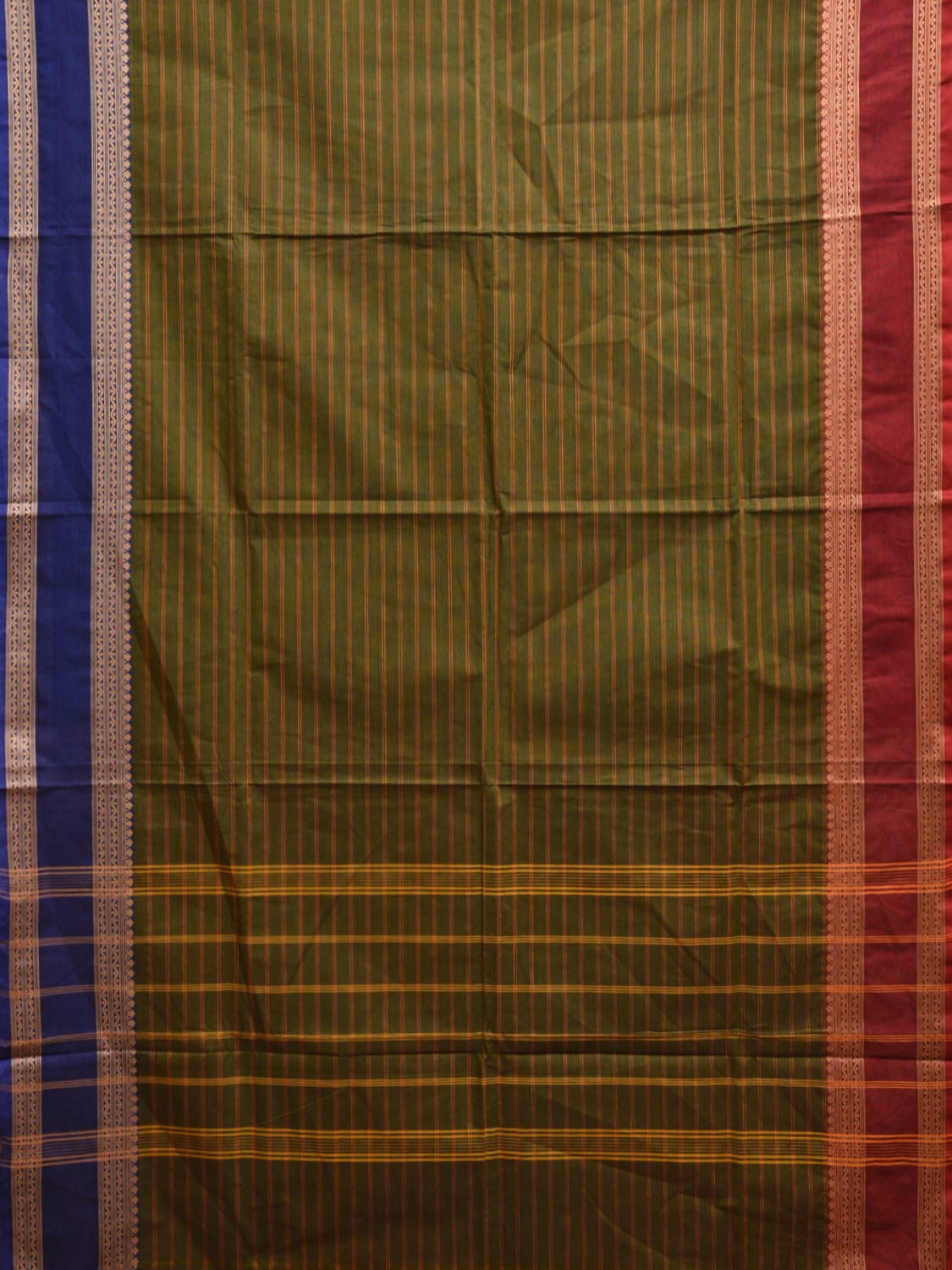 Green Kanchipuram Cotton Saree with Strips and Ganga-Jamuna Border Design Kalamkari Blouse k0830