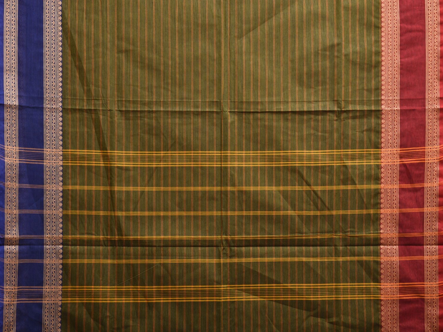 Green Kanchipuram Cotton Saree with Strips and Ganga-Jamuna Border Design Kalamkari Blouse k0830