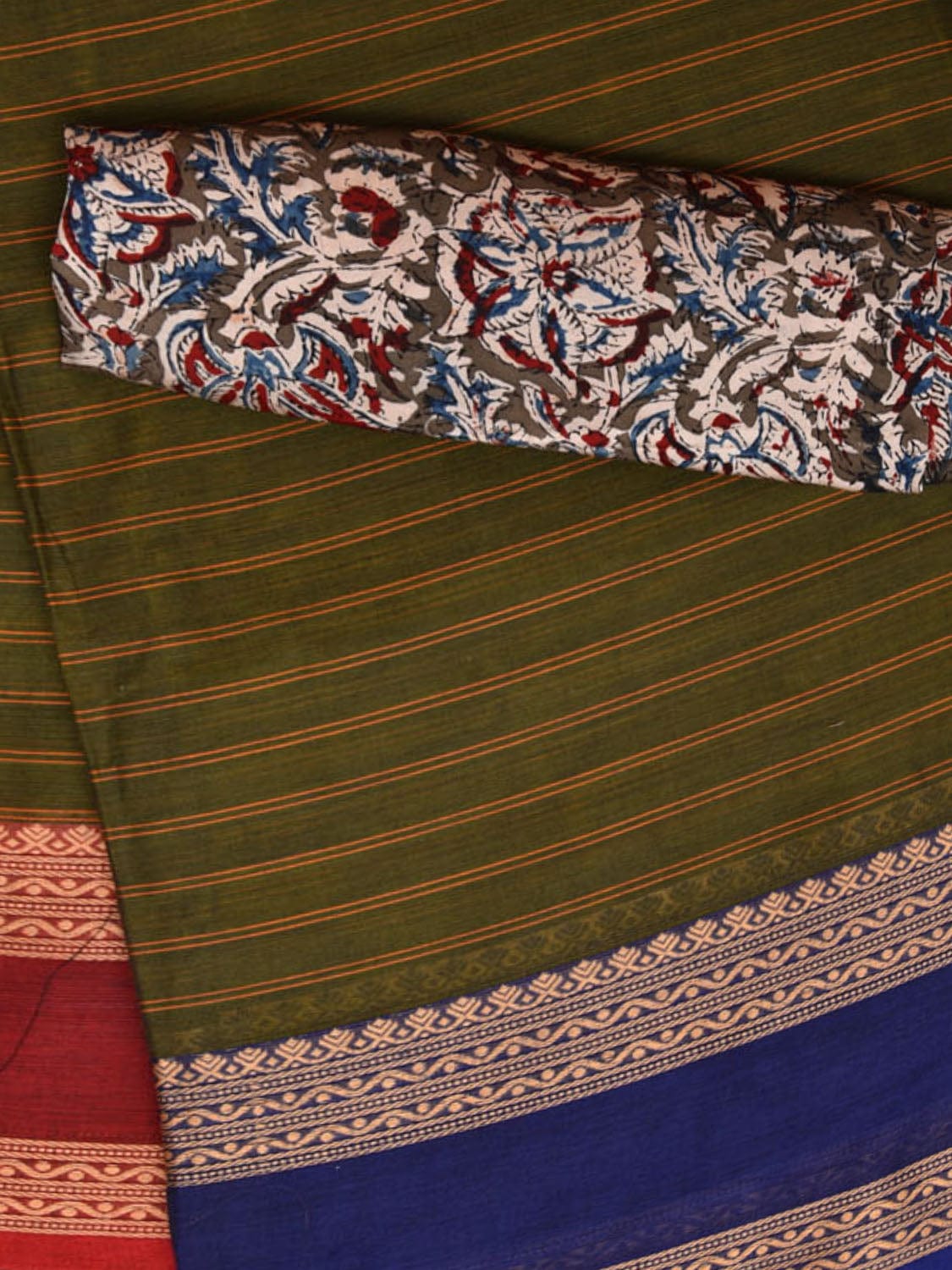 Green Kanchipuram Cotton Saree with Strips and Ganga-Jamuna Border Design Kalamkari Blouse k0830