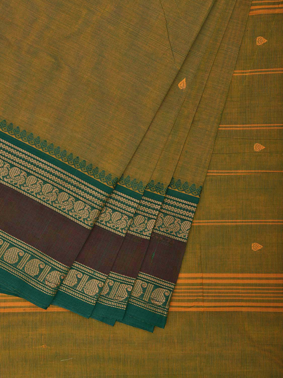 Green Kanchipuram Cotton Saree with Strips Pallu and Border Design k0794