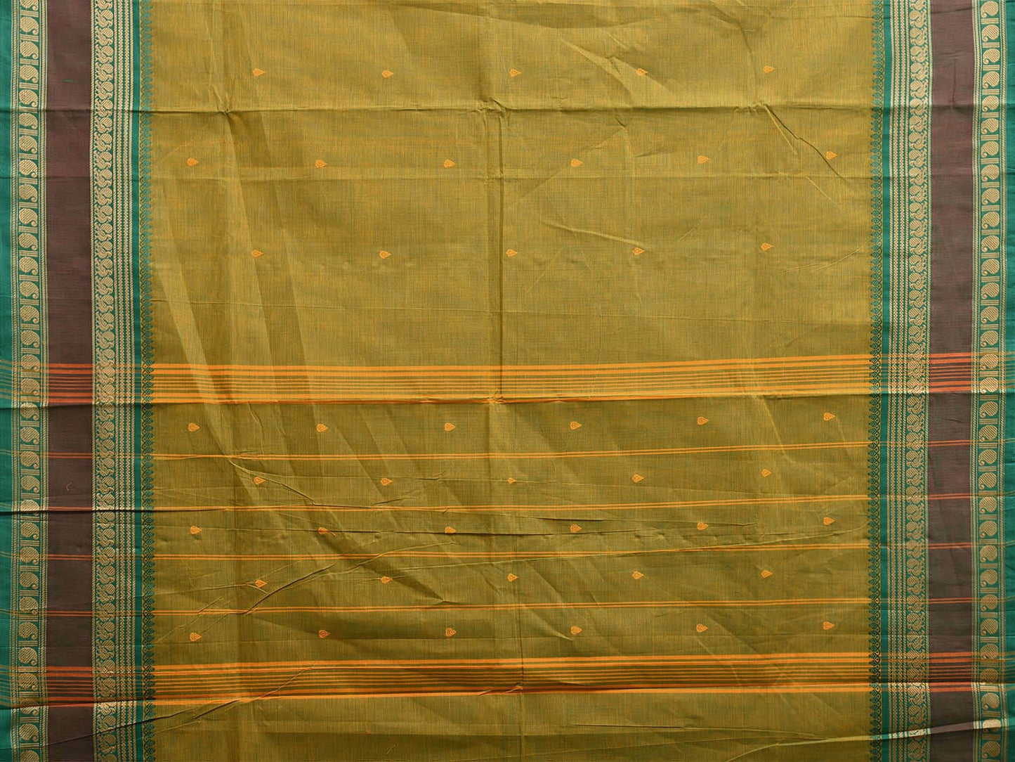 Green Kanchipuram Cotton Saree with Strips Pallu and Border Design k0794