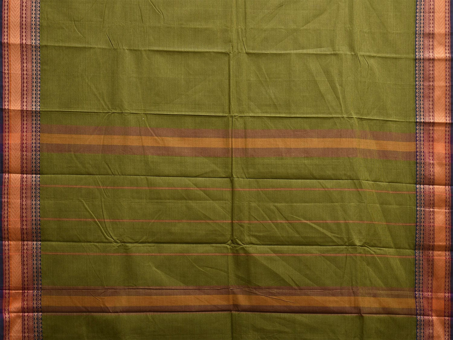 Green Kanchipuram Cotton Saree with Strips Pallu and Border Design k0868