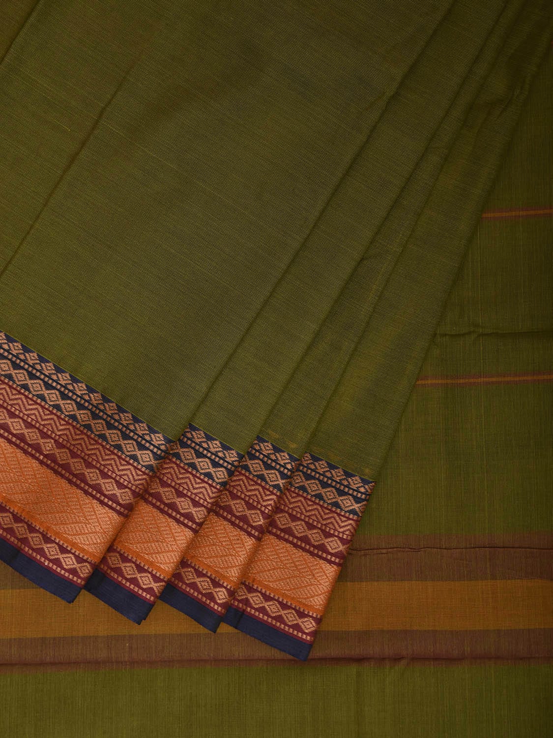 Green Kanchipuram Cotton Saree with Strips Pallu and Border Design k0868