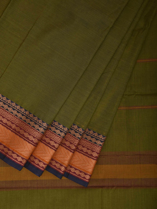 Green Kanchipuram Cotton Saree with Strips Pallu and Border Design k0868