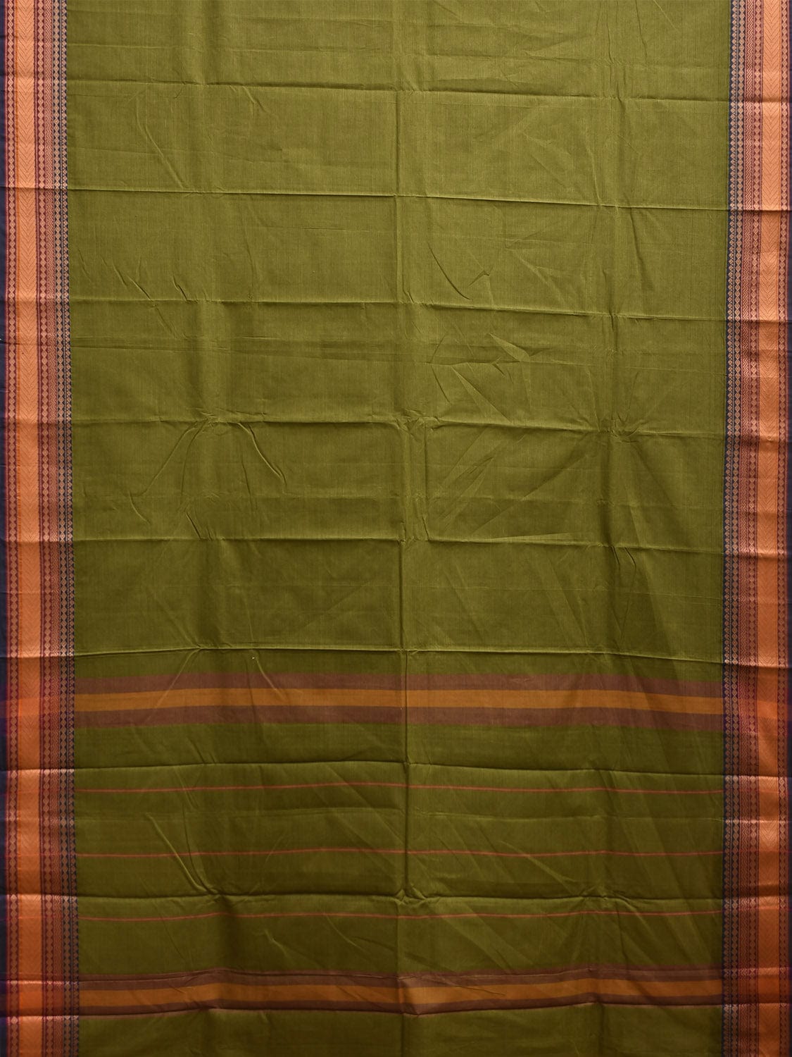 Green Kanchipuram Cotton Saree with Strips Pallu and Border Design k0868