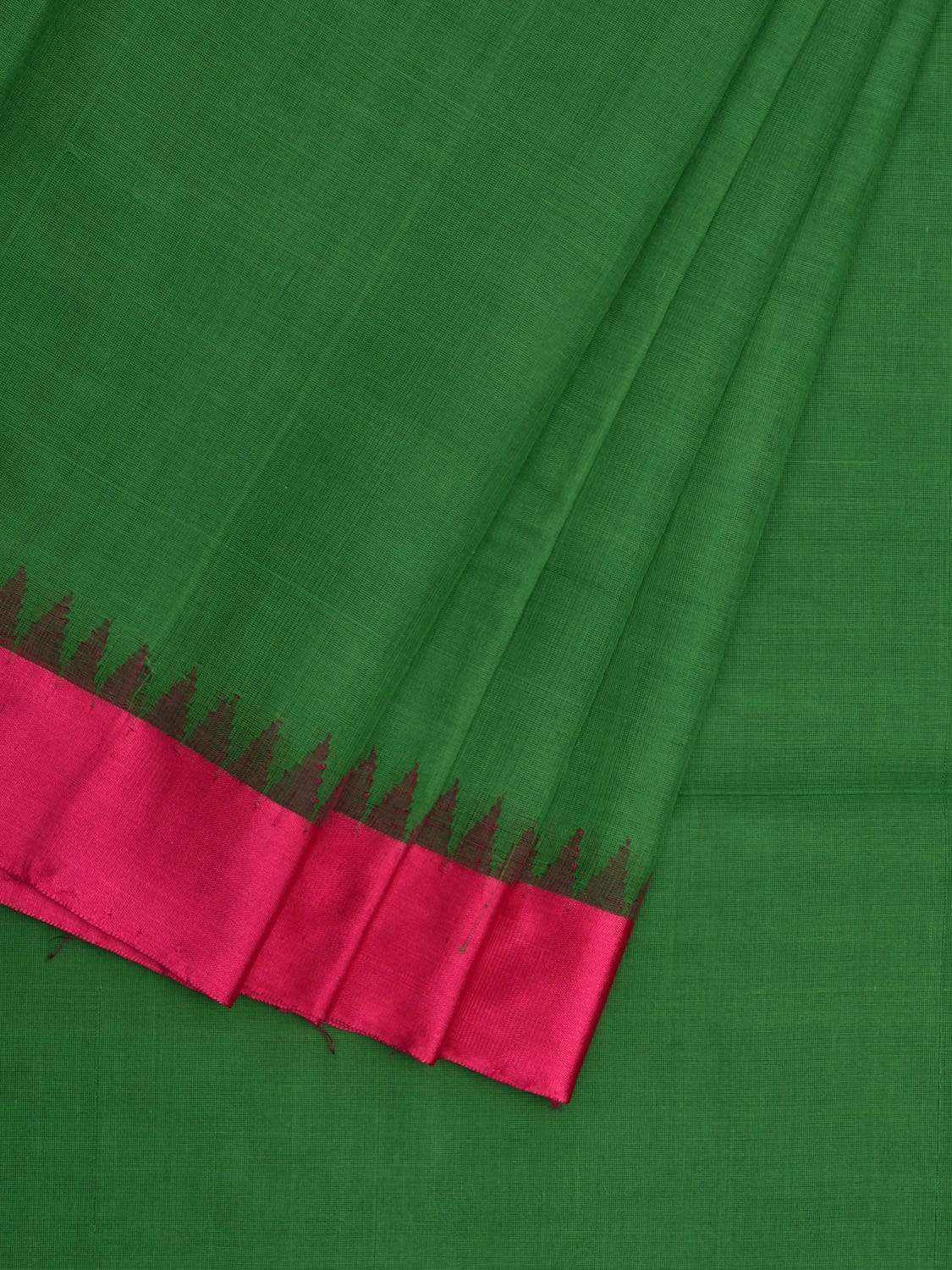Green Khadi Cotton Handloom Plain Saree with Temple Border Design kh0527