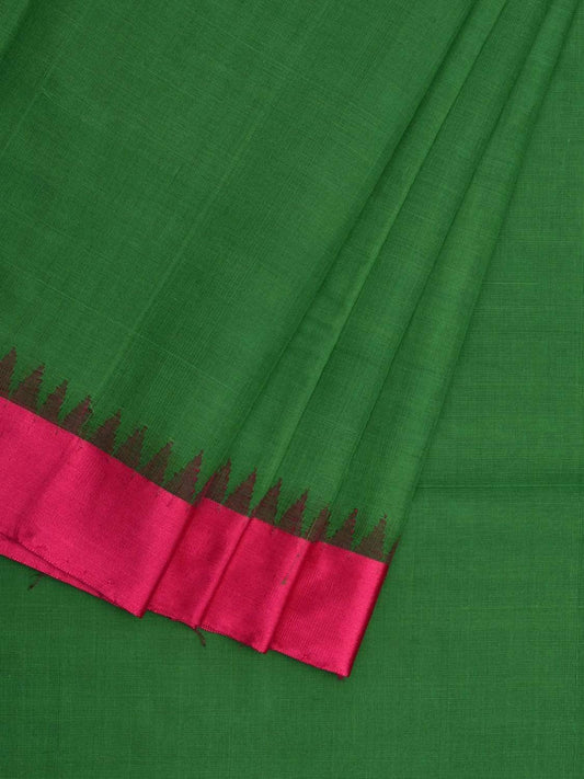 Green Khadi Cotton Handloom Plain Saree with Temple Border Design kh0527