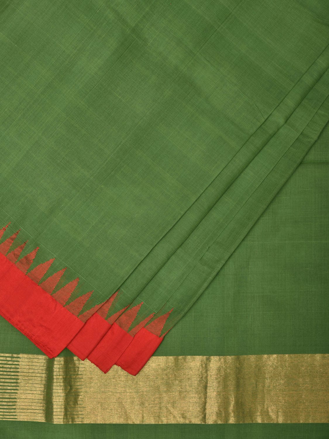 Green Khadi Cotton Handloom Plain Saree with Temple Border Design kh0601