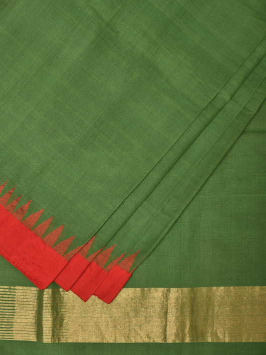 Green Khadi Cotton Handloom Plain Saree with Temple Border Design kh0601
