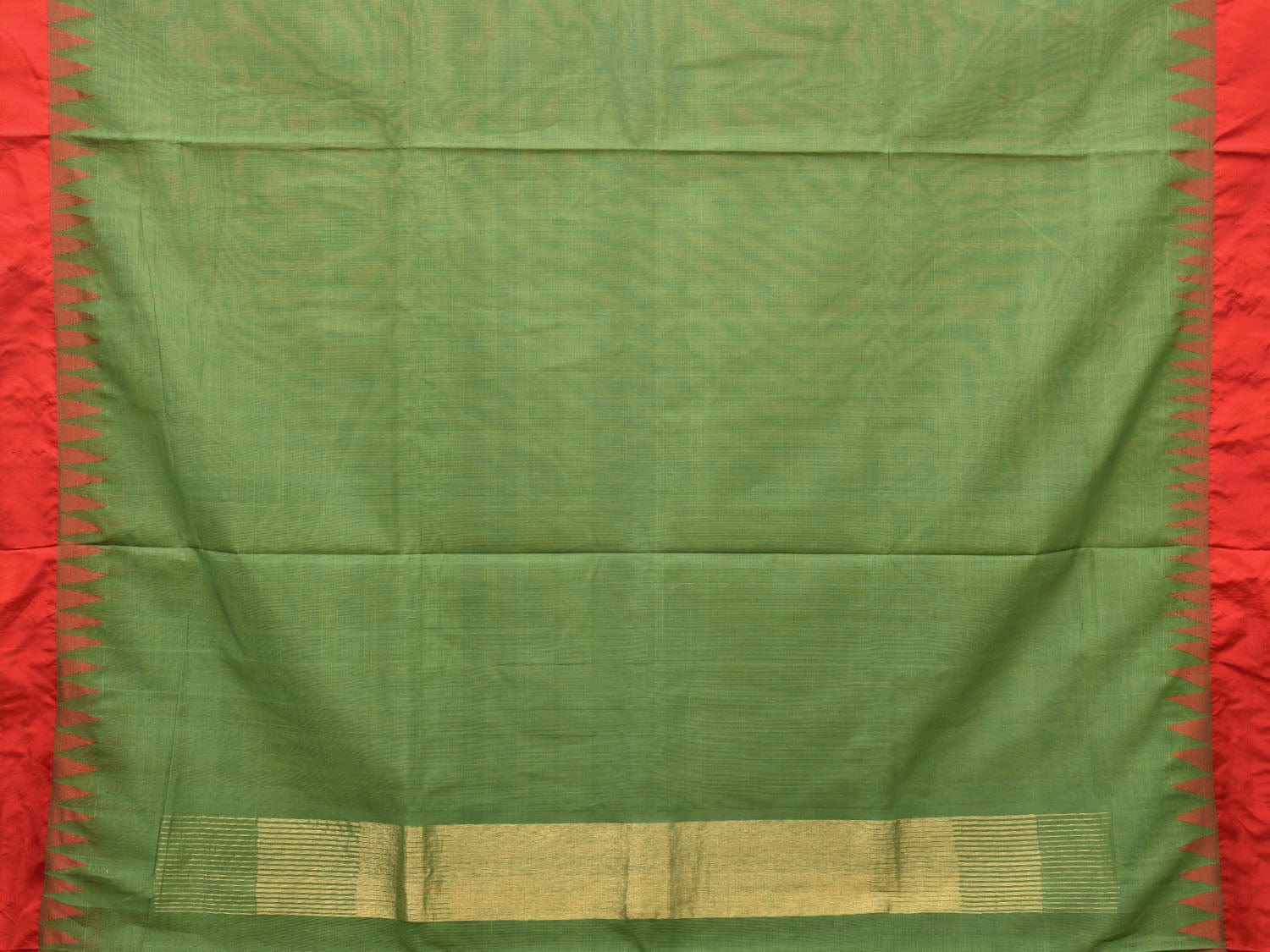 Green Khadi Cotton Handloom Plain Saree with Temple Border Design kh0601