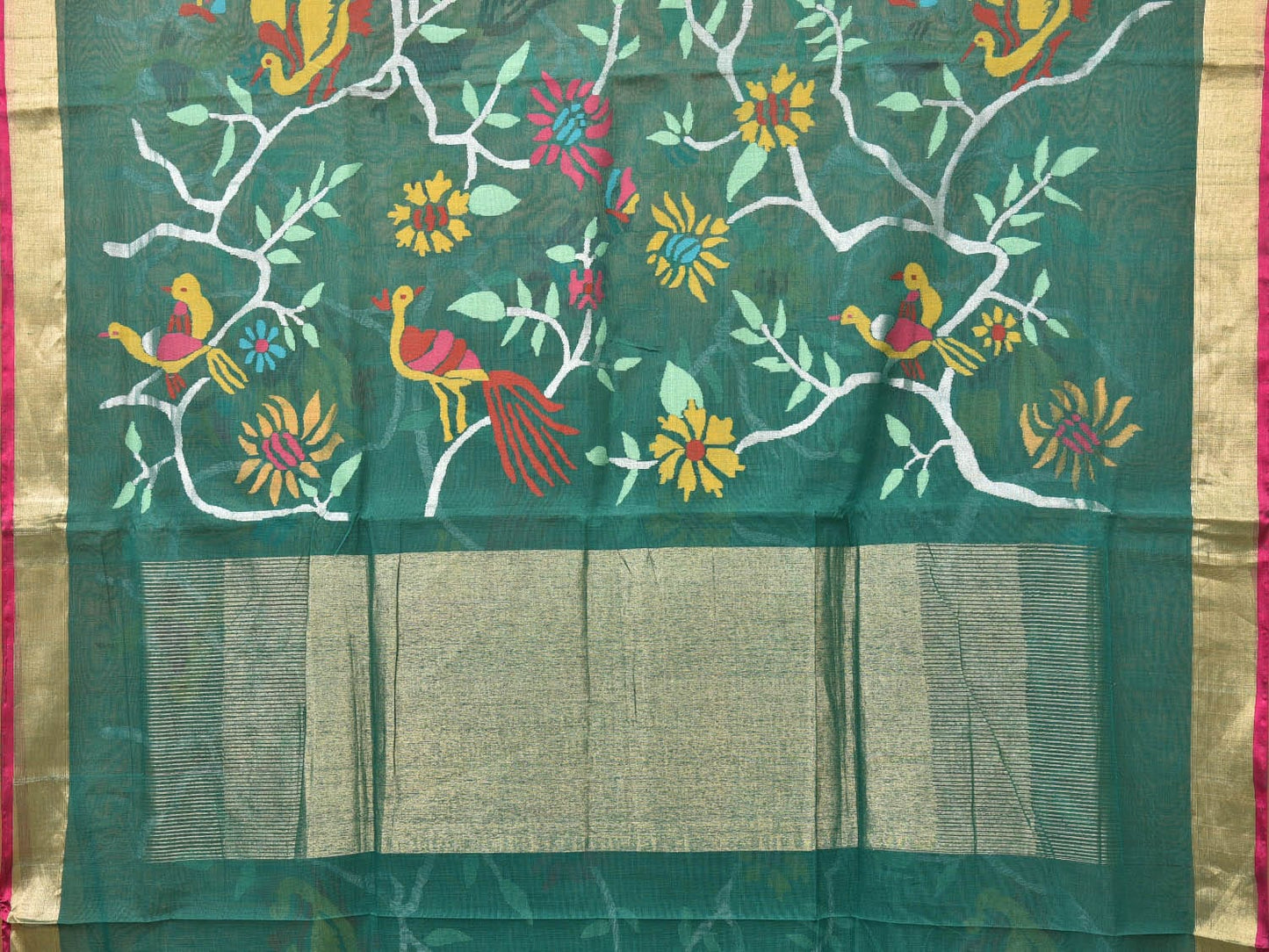 Green Khadi Cotton Handloom Saree with All Over Birds and Flowers Design kh0620