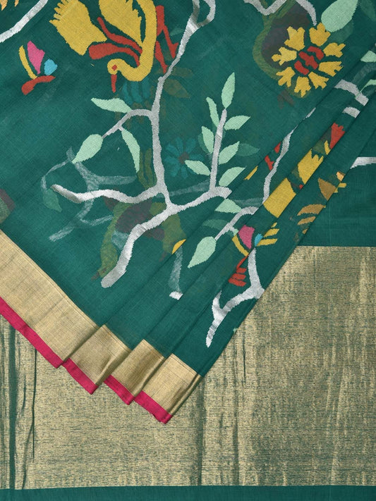 Green Khadi Cotton Handloom Saree with All Over Birds and Flowers Design kh0620