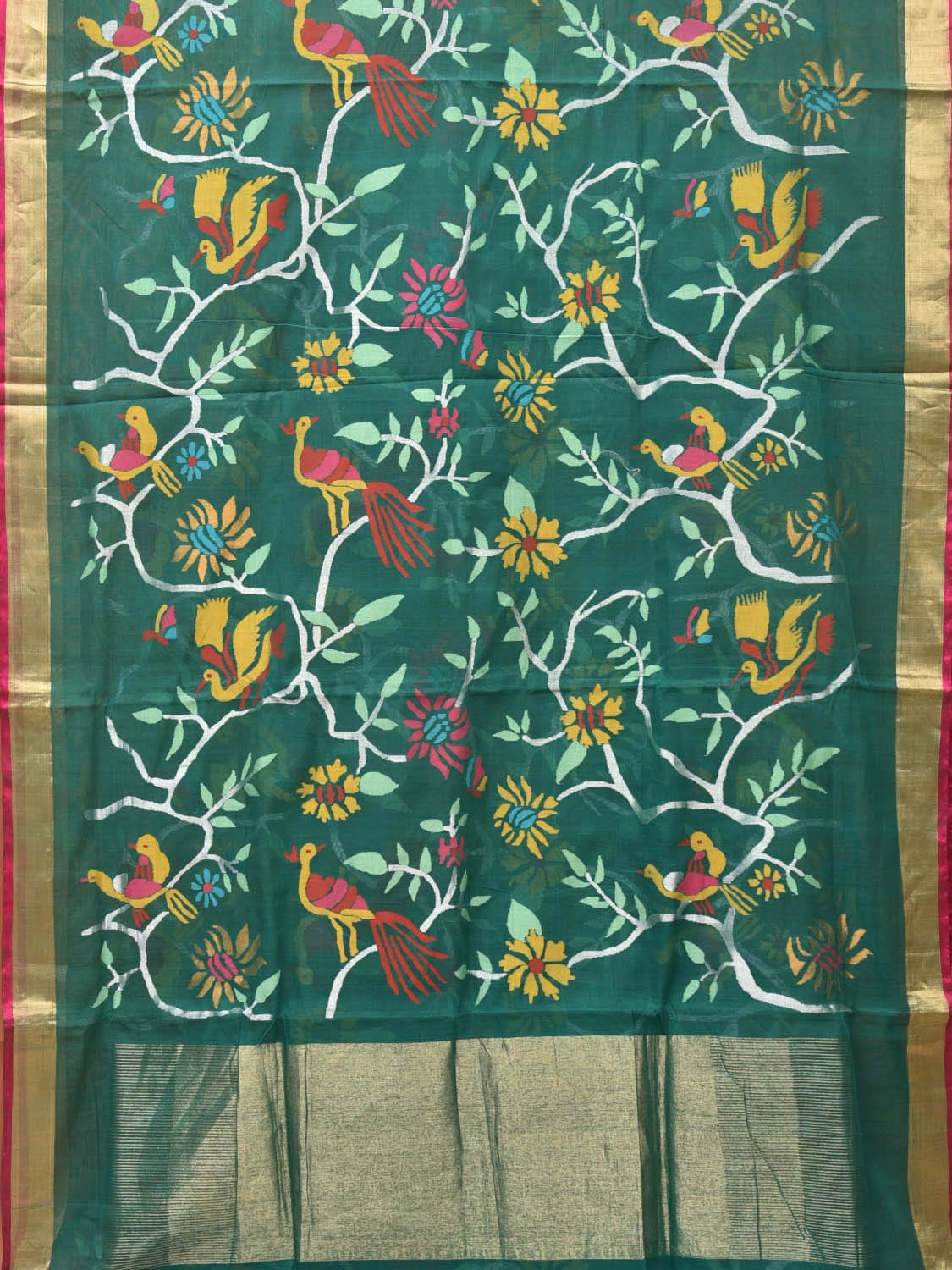Green Khadi Cotton Handloom Saree with All Over Birds and Flowers Design kh0620