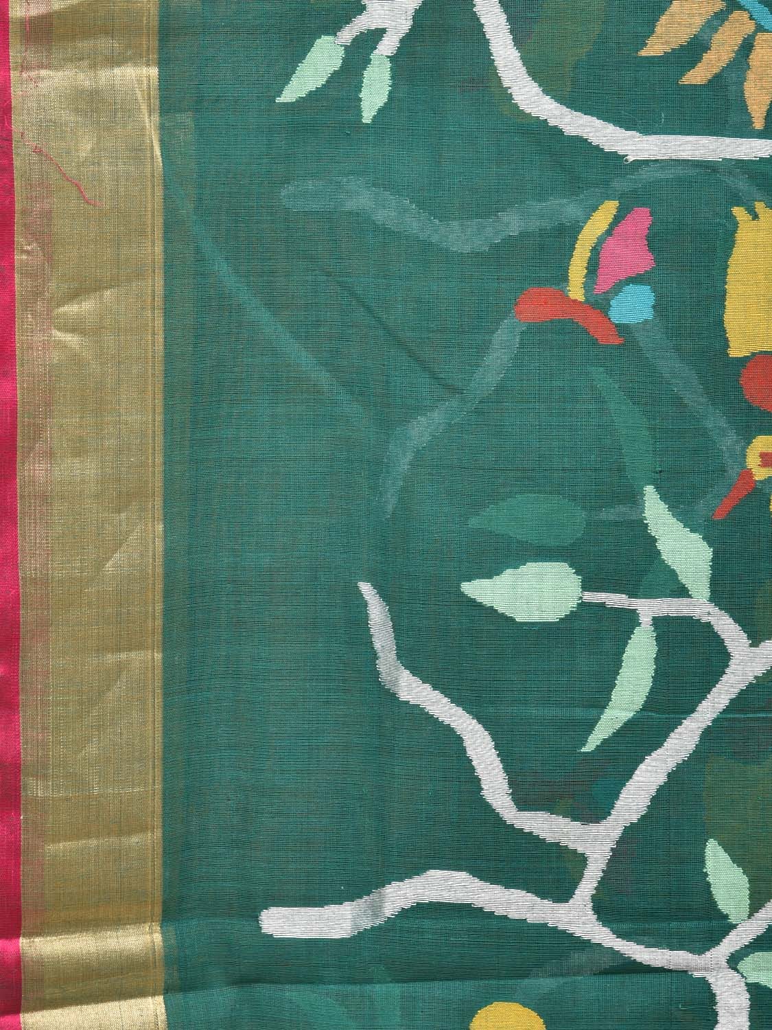 Green Khadi Cotton Handloom Saree with All Over Birds and Flowers Design kh0620