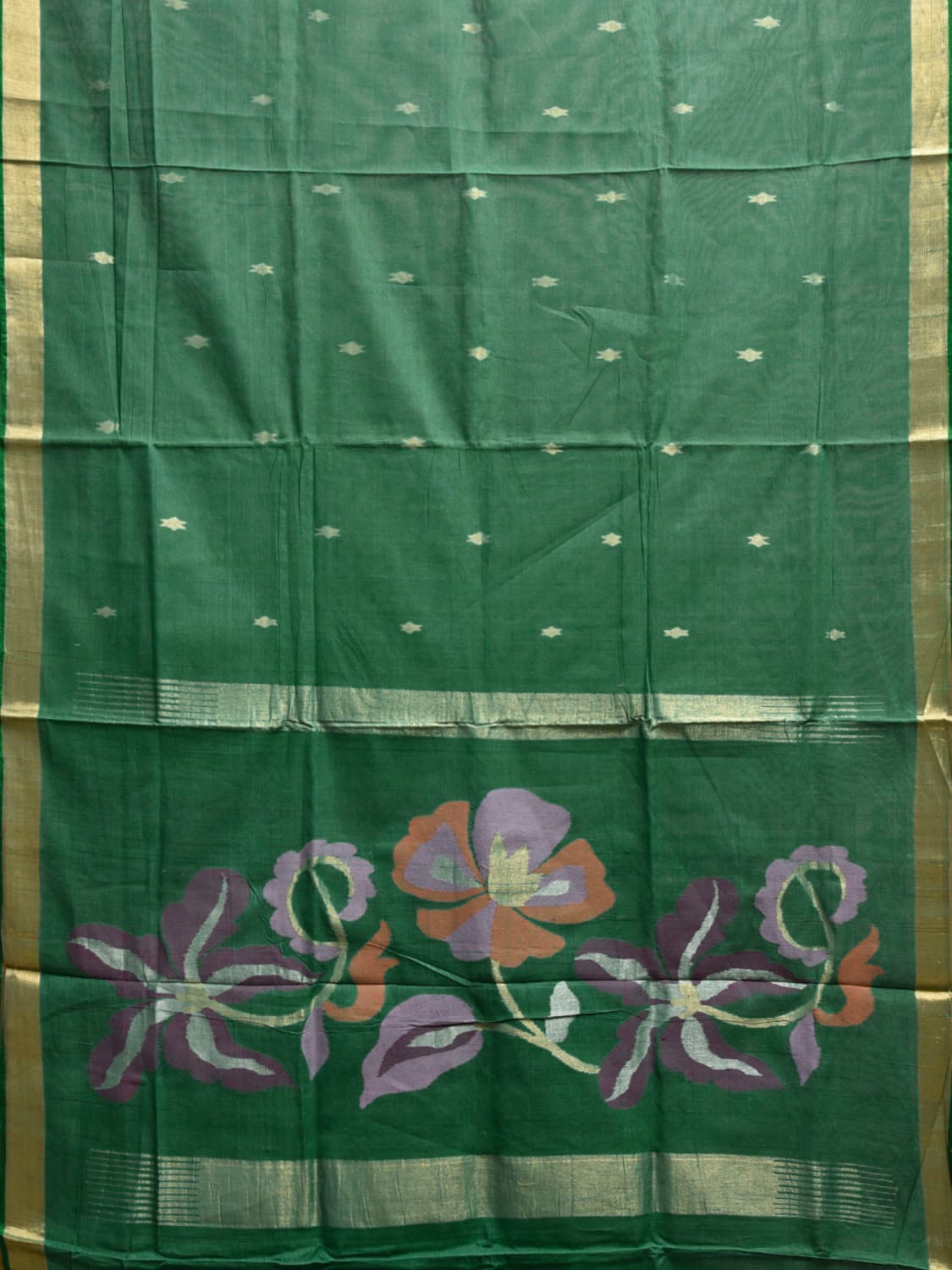 Green Khadi Cotton Handloom Saree with Big Floral Pallu Design kh0709
