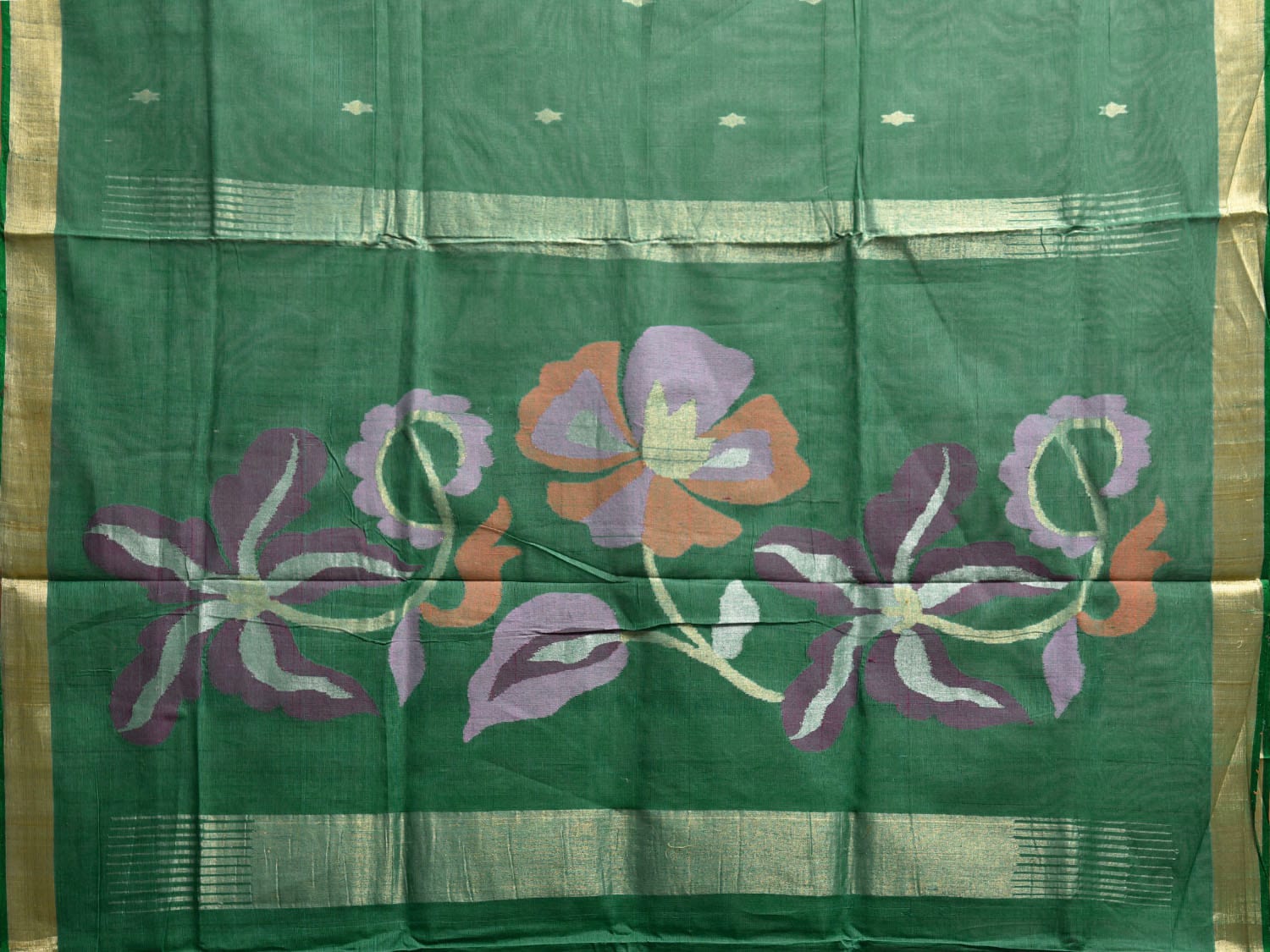 Green Khadi Cotton Handloom Saree with Big Floral Pallu Design kh0709
