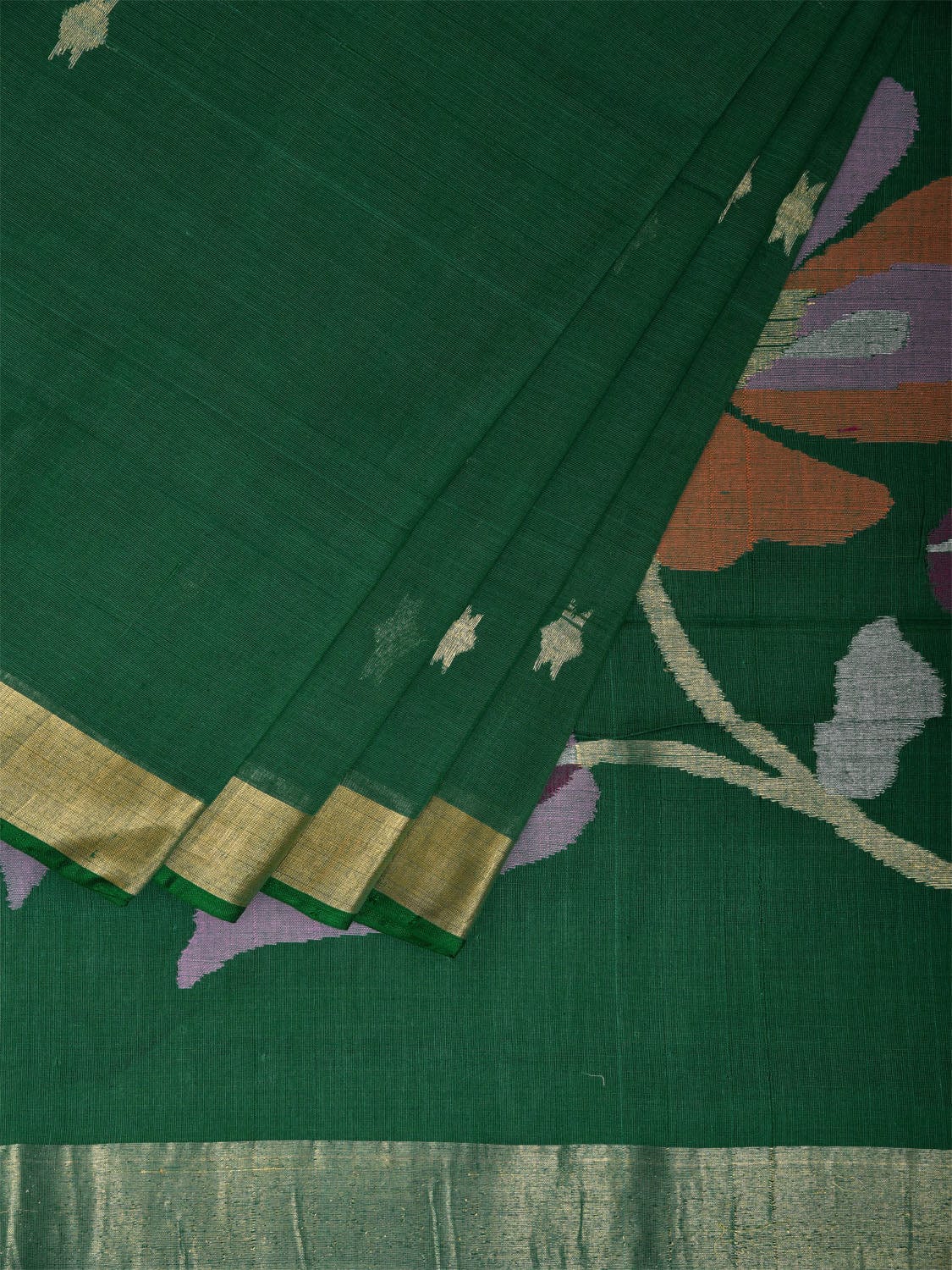 Green Khadi Cotton Handloom Saree with Big Floral Pallu Design kh0709