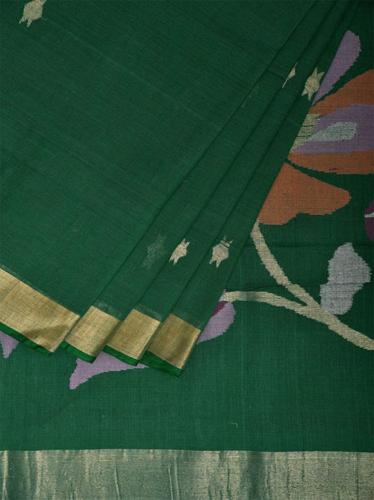 Green Khadi Cotton Handloom Saree with Big Floral Pallu Design kh0709
