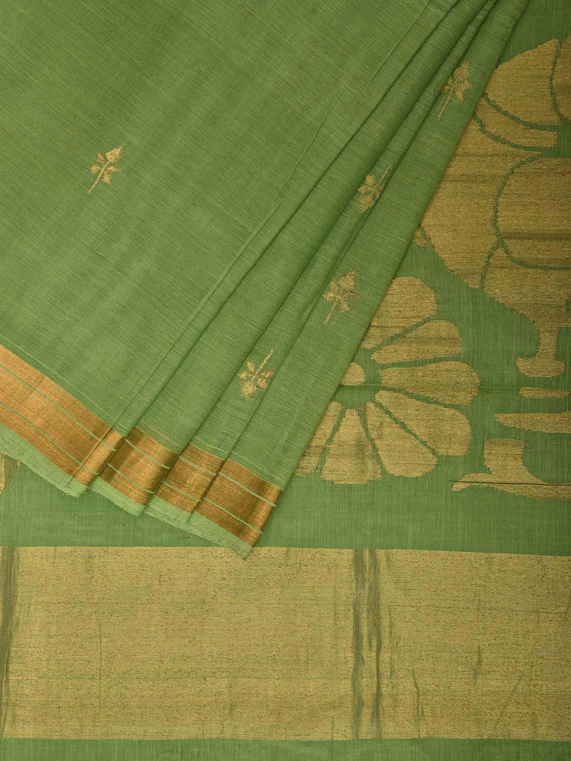 Green Khadi Cotton Handloom Saree with Birds Pallu Design kh0698