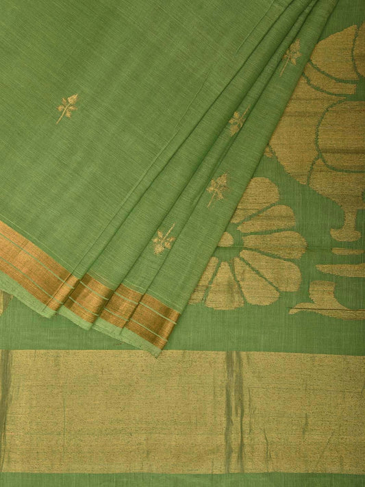 Green Khadi Cotton Handloom Saree with Birds Pallu Design kh0698