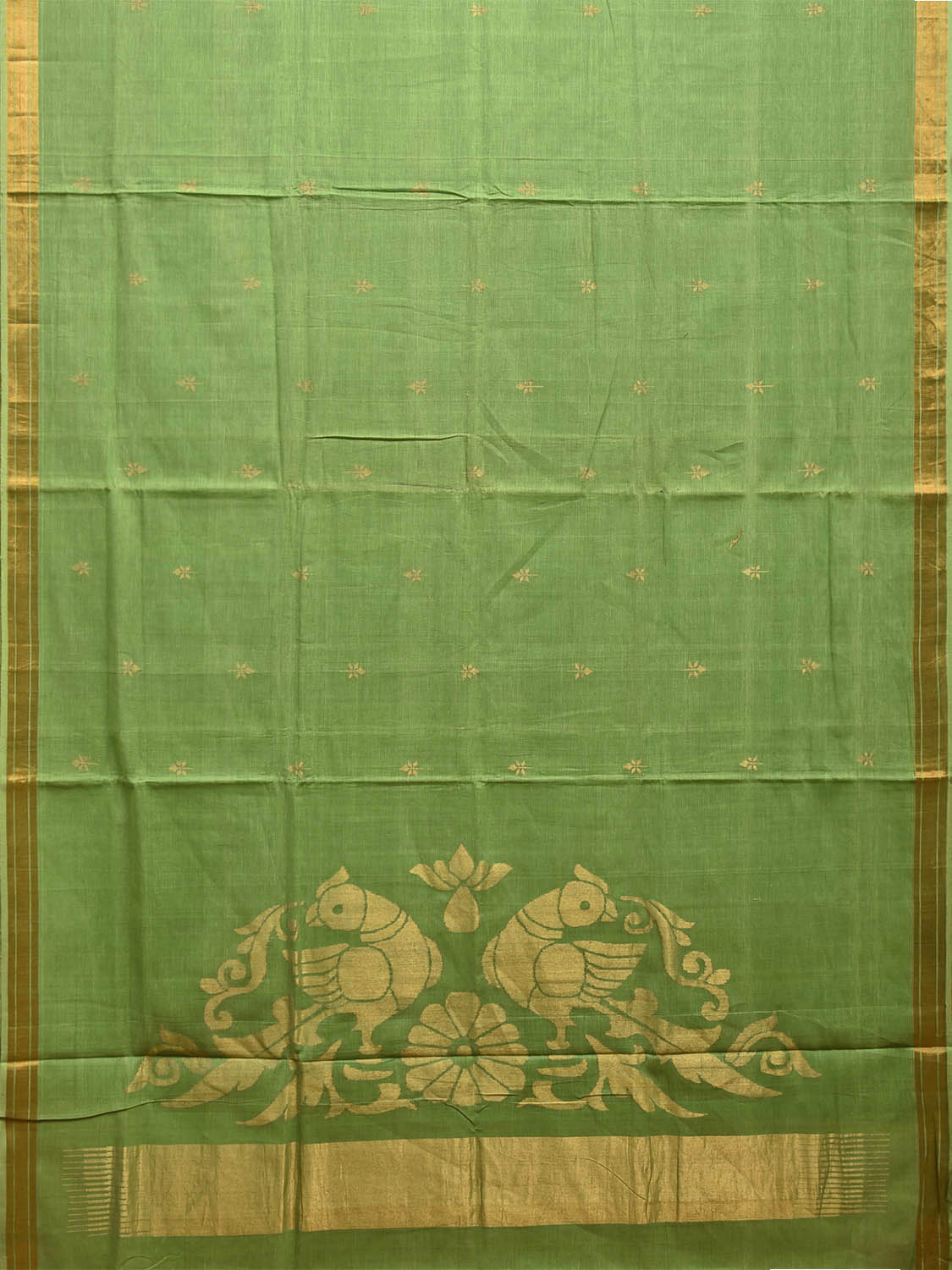 Green Khadi Cotton Handloom Saree with Birds Pallu Design kh0698