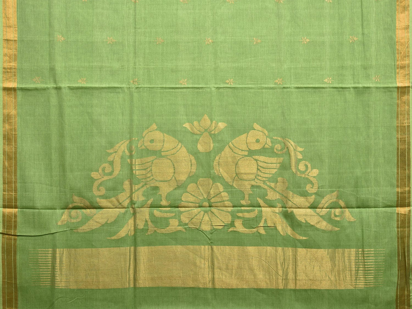 Green Khadi Cotton Handloom Saree with Birds Pallu Design kh0698