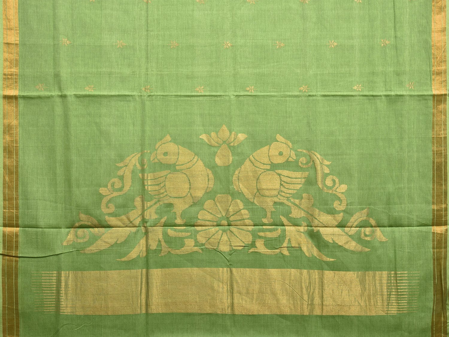 Green Khadi Cotton Handloom Saree with Birds Pallu Design kh0698