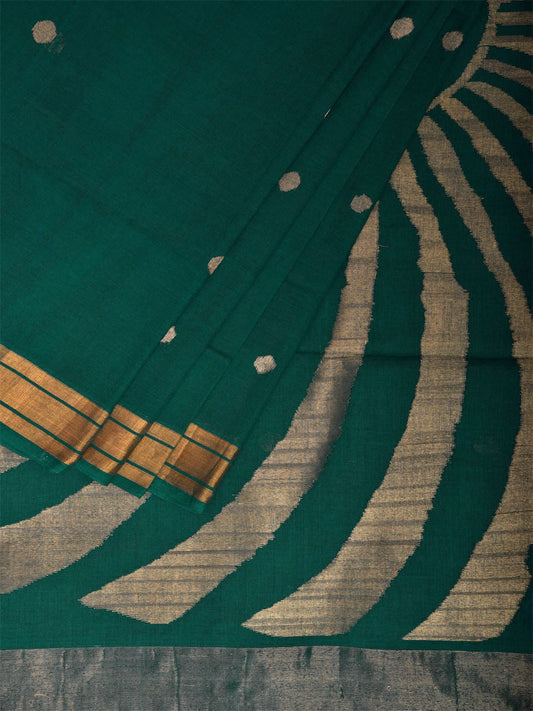 Green Khadi Cotton Handloom Saree with Circle Pallu Design kh0714