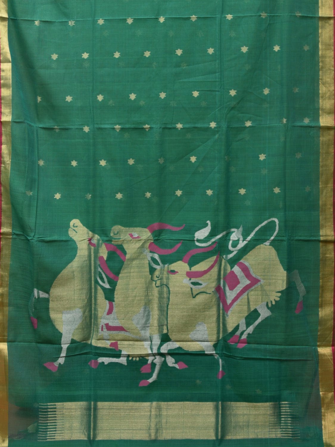 Green Khadi Cotton Handloom Saree with Cows Pallu Design kh0655