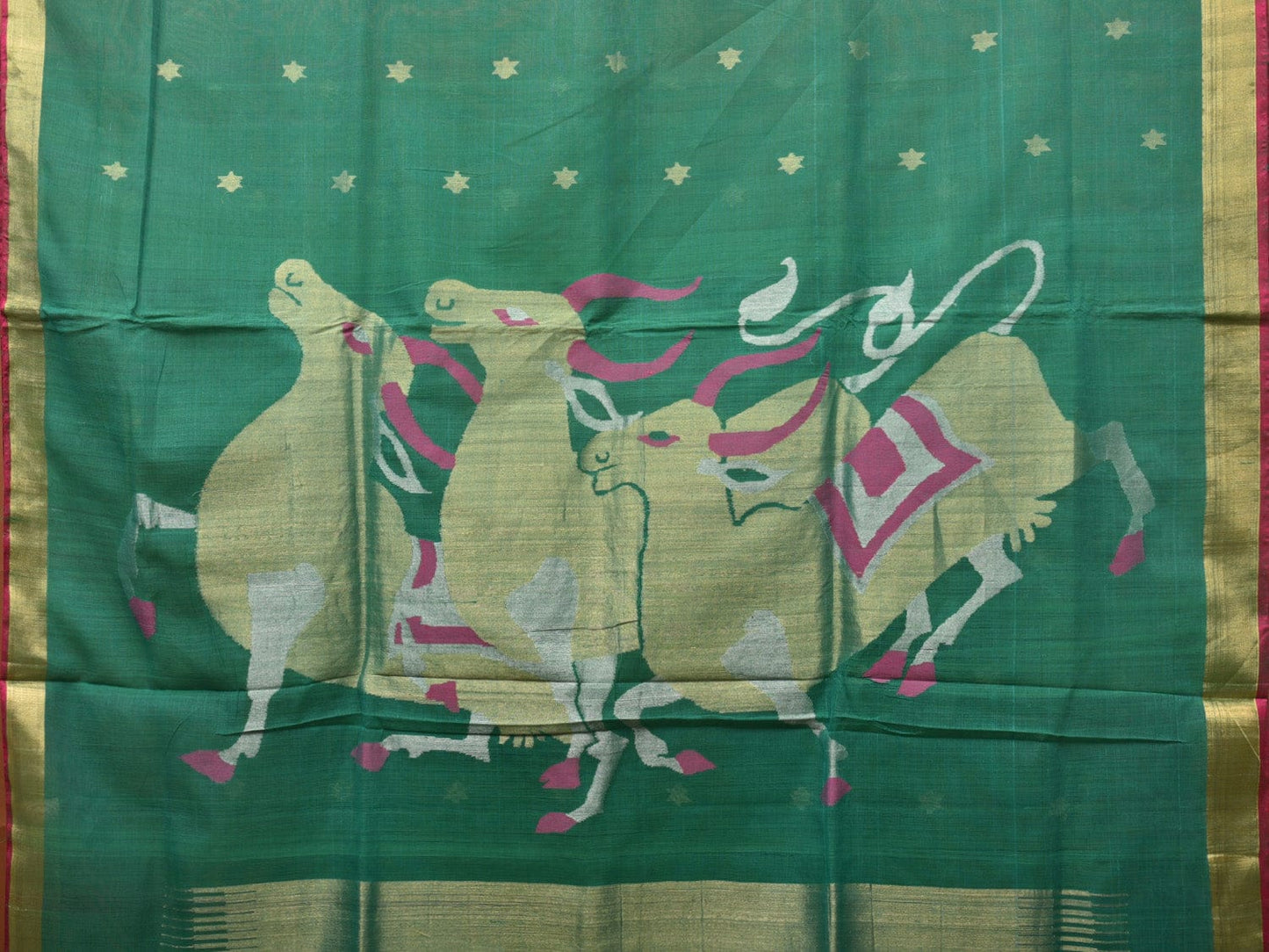 Green Khadi Cotton Handloom Saree with Cows Pallu Design kh0655