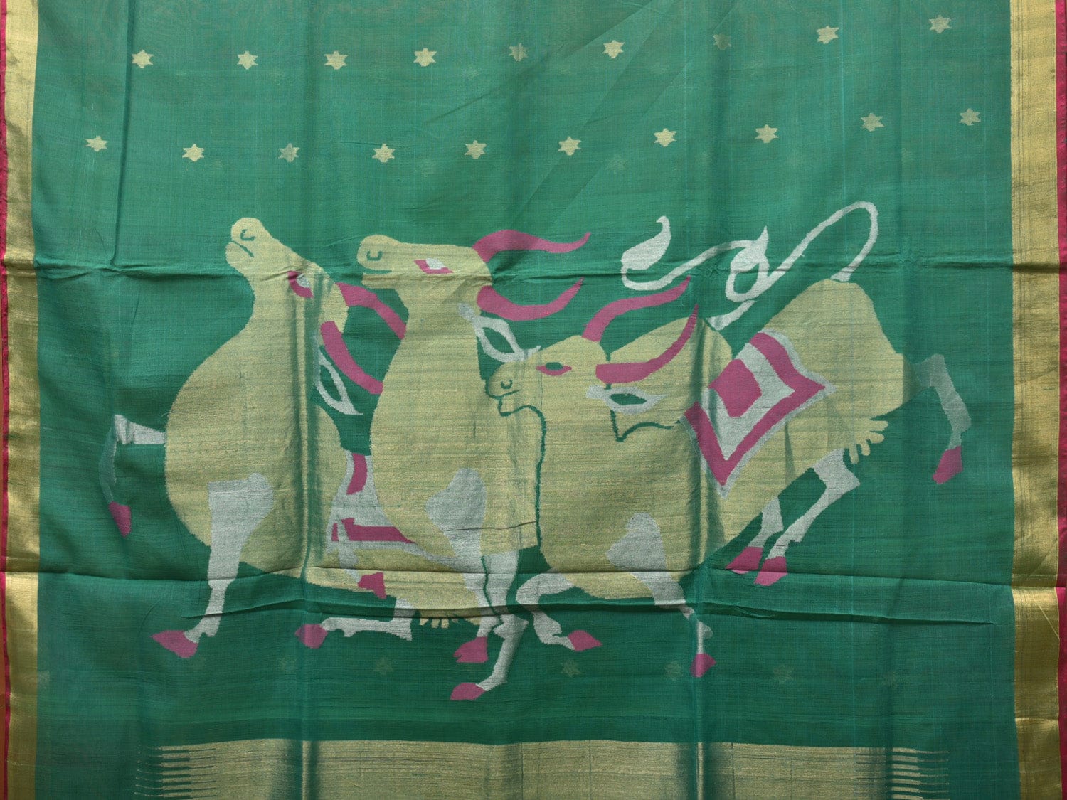 Green Khadi Cotton Handloom Saree with Cows Pallu Design kh0655