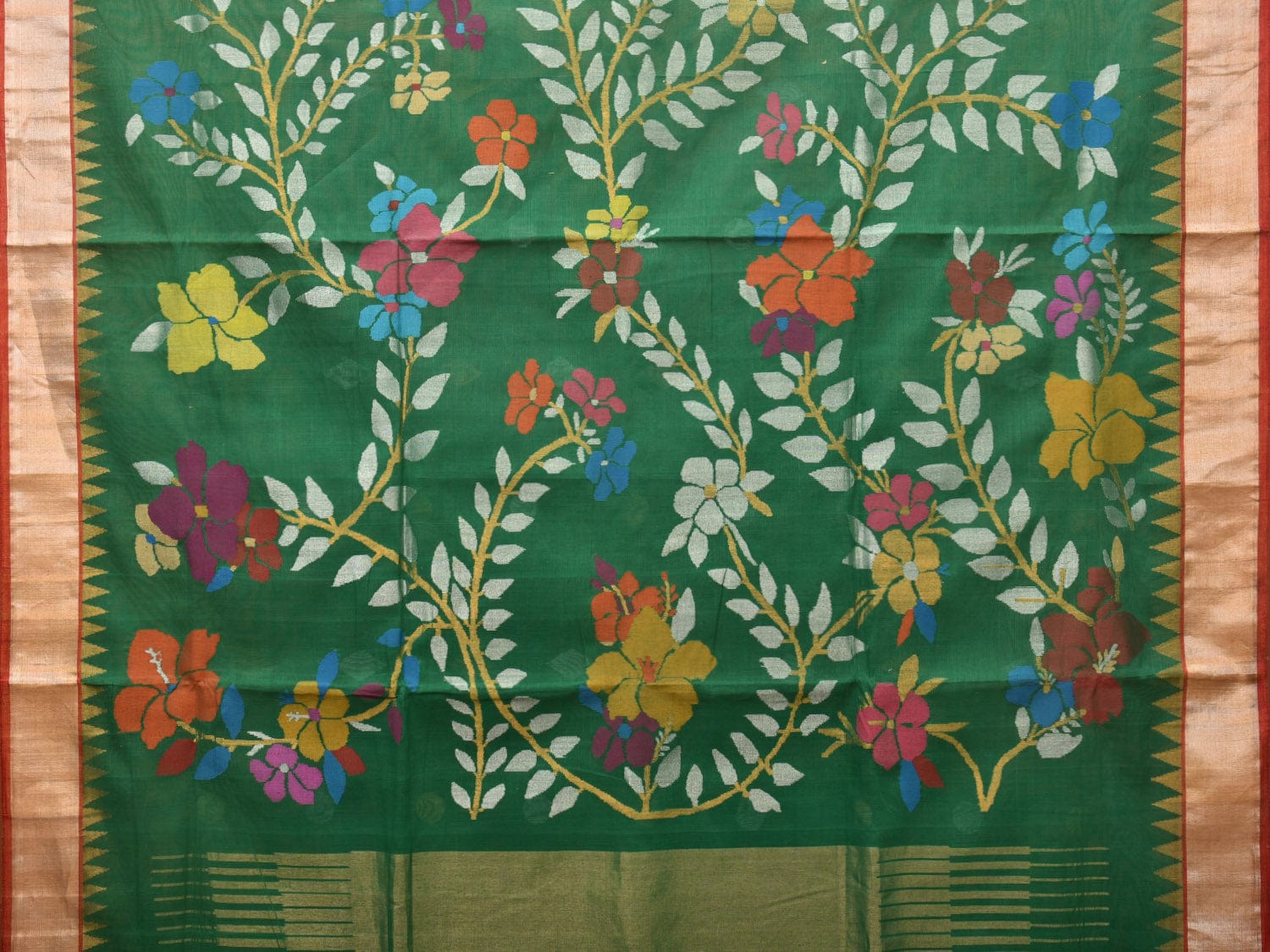 Green Khadi Cotton Handloom Saree with Flowers Pallu Design kh0661