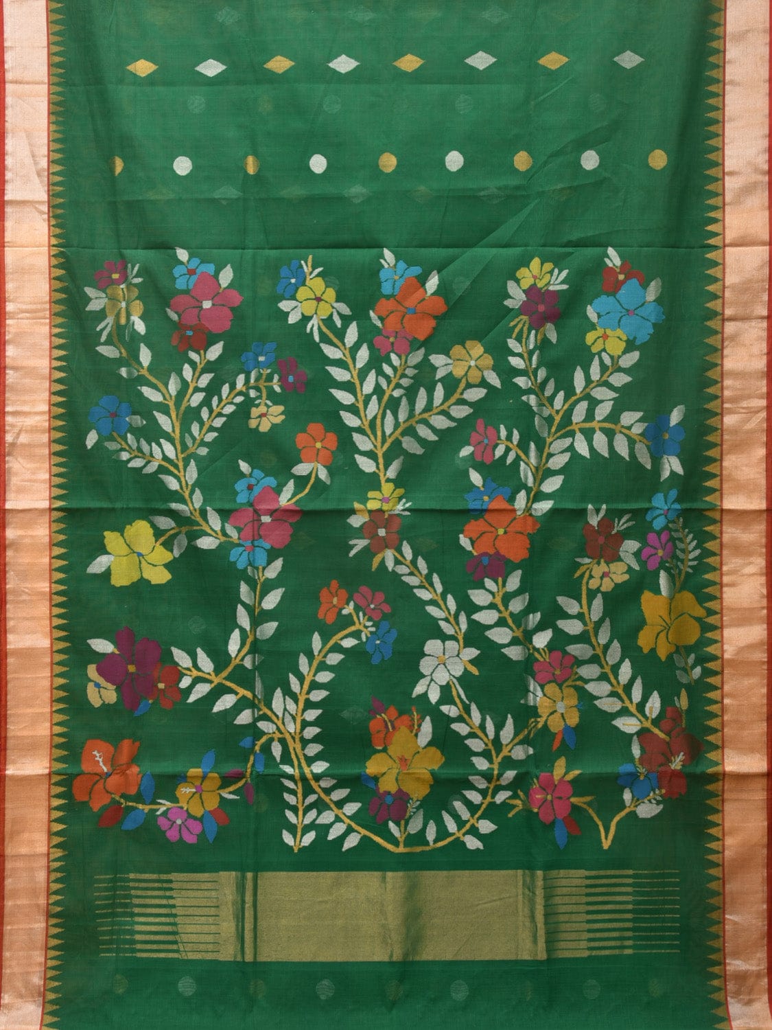 Green Khadi Cotton Handloom Saree with Flowers Pallu Design kh0661