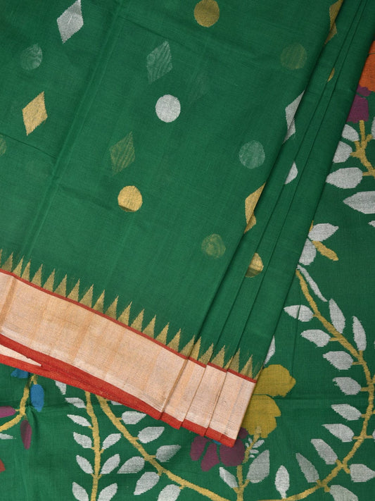 Green Khadi Cotton Handloom Saree with Flowers Pallu Design kh0661