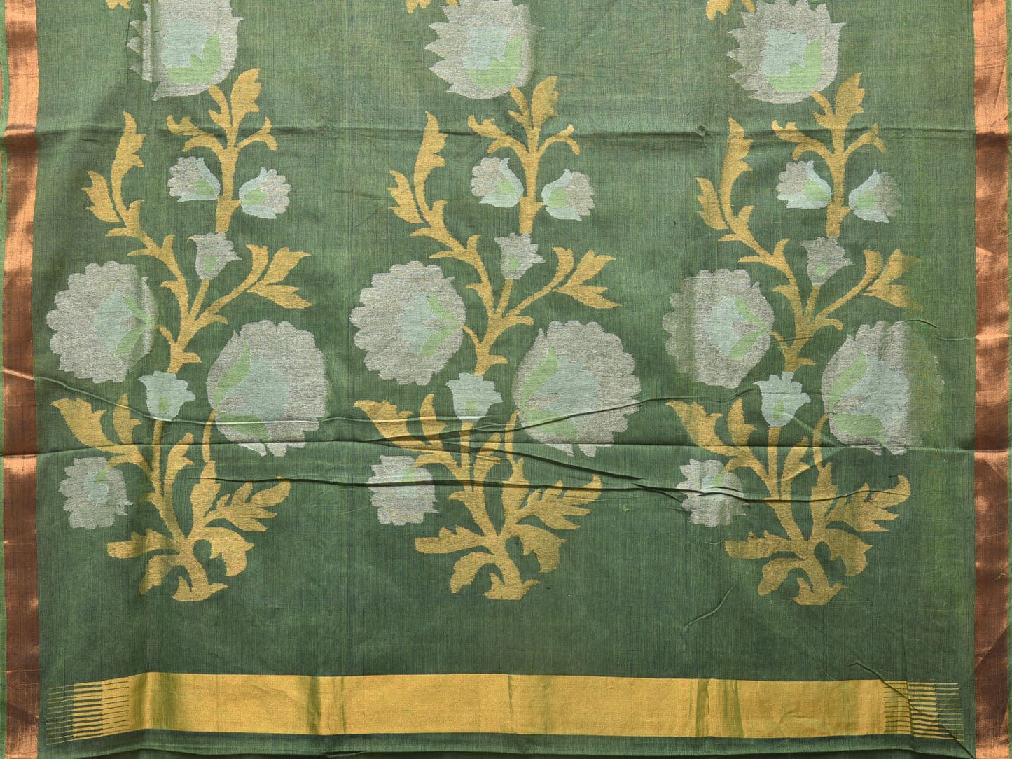 Green Khadi Cotton Handloom Saree with One Side Border and Floral Pallu Design kh0642