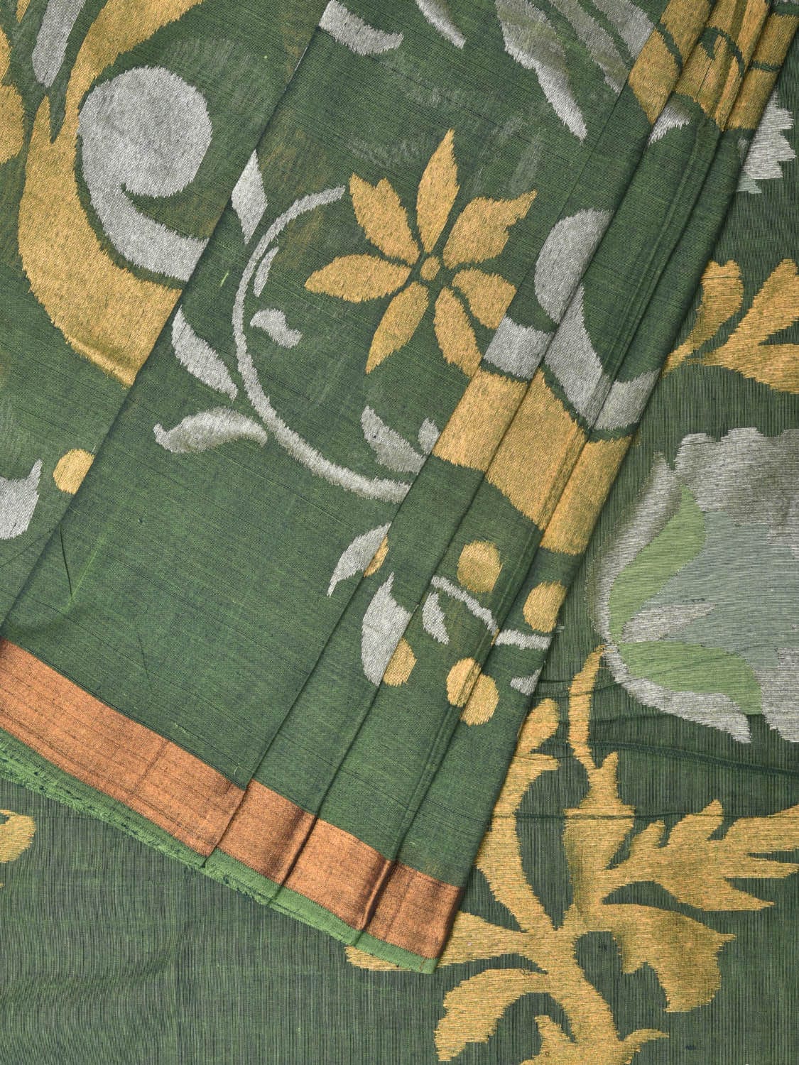 Green Khadi Cotton Handloom Saree with One Side Border and Floral Pallu Design kh0642