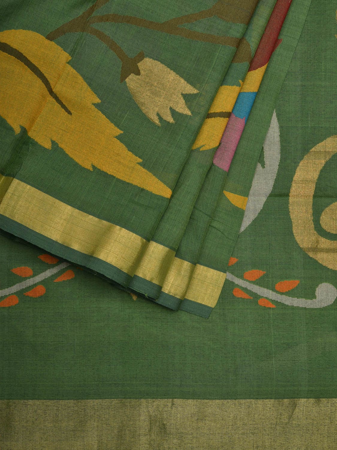 Green Khadi Cotton Handloom Saree with Pallu and Border Design kh0541