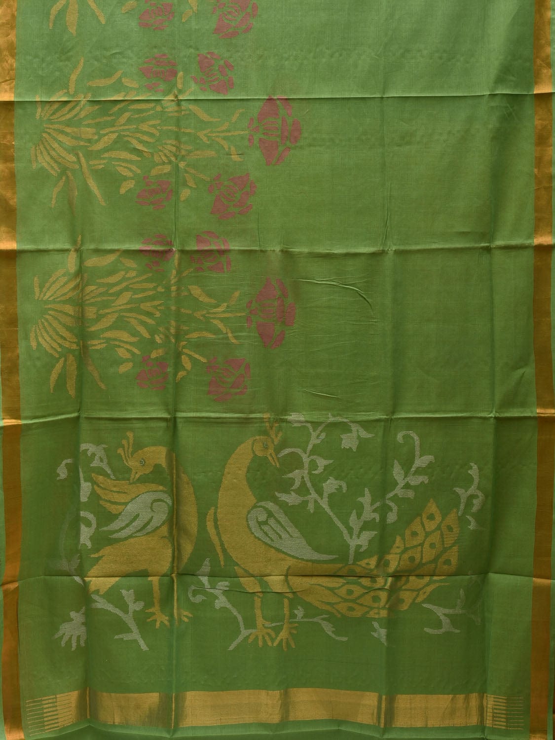 Green Khadi Cotton Handloom Saree with Peacock Pallu and Border Design kh0536
