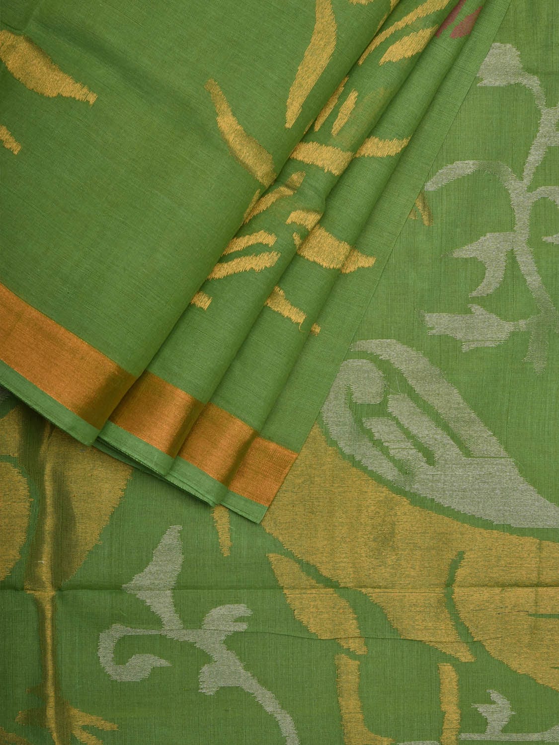 Green Khadi Cotton Handloom Saree with Peacock Pallu and Border Design kh0536