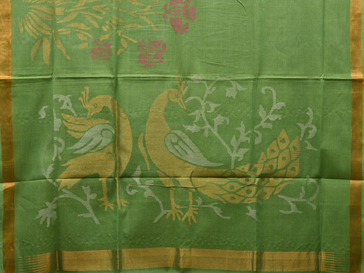 Green Khadi Cotton Handloom Saree with Peacock Pallu and Border Design kh0536