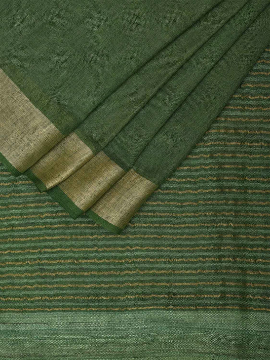 Green Linen Cotton Plain Saree with Strips Pallu Design o0547